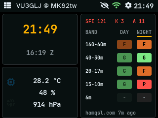 A tour of QRPickle's screens: dashboard, band conditions, satellites, DX cluster, POTA, SOTA, APRS, HamAlert, weather, updates and settings